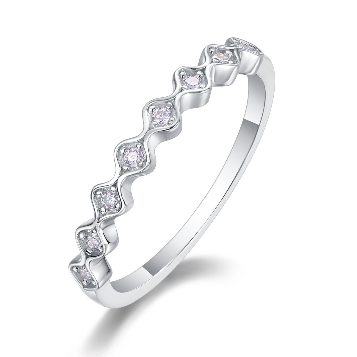 Moissanite Wave Stackable Band Ring | 925 Silver, White Gold Plated