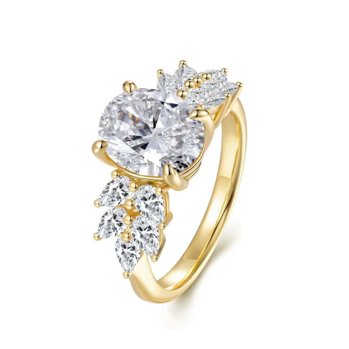 Oval Moissanite Ring – 3ct DEW Yellow Gold with Marquise & Pear Accents