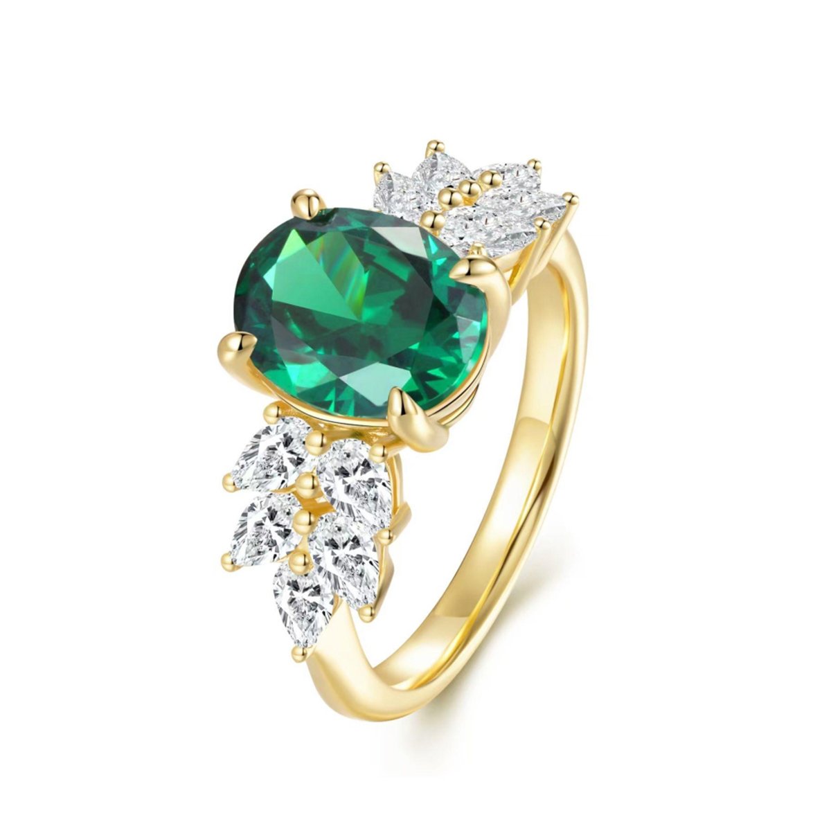 Oval Moissanite Ring – 3ct DEW Yellow Gold with Marquise & Pear Accents - Image 2