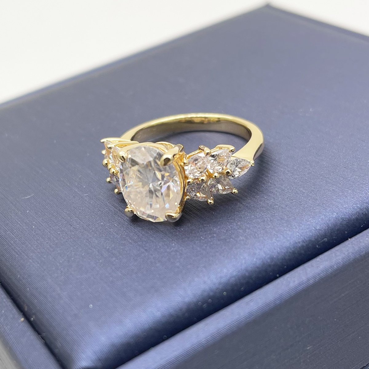 Oval Moissanite Ring – 3ct DEW Yellow Gold with Marquise & Pear Accents - Image 4