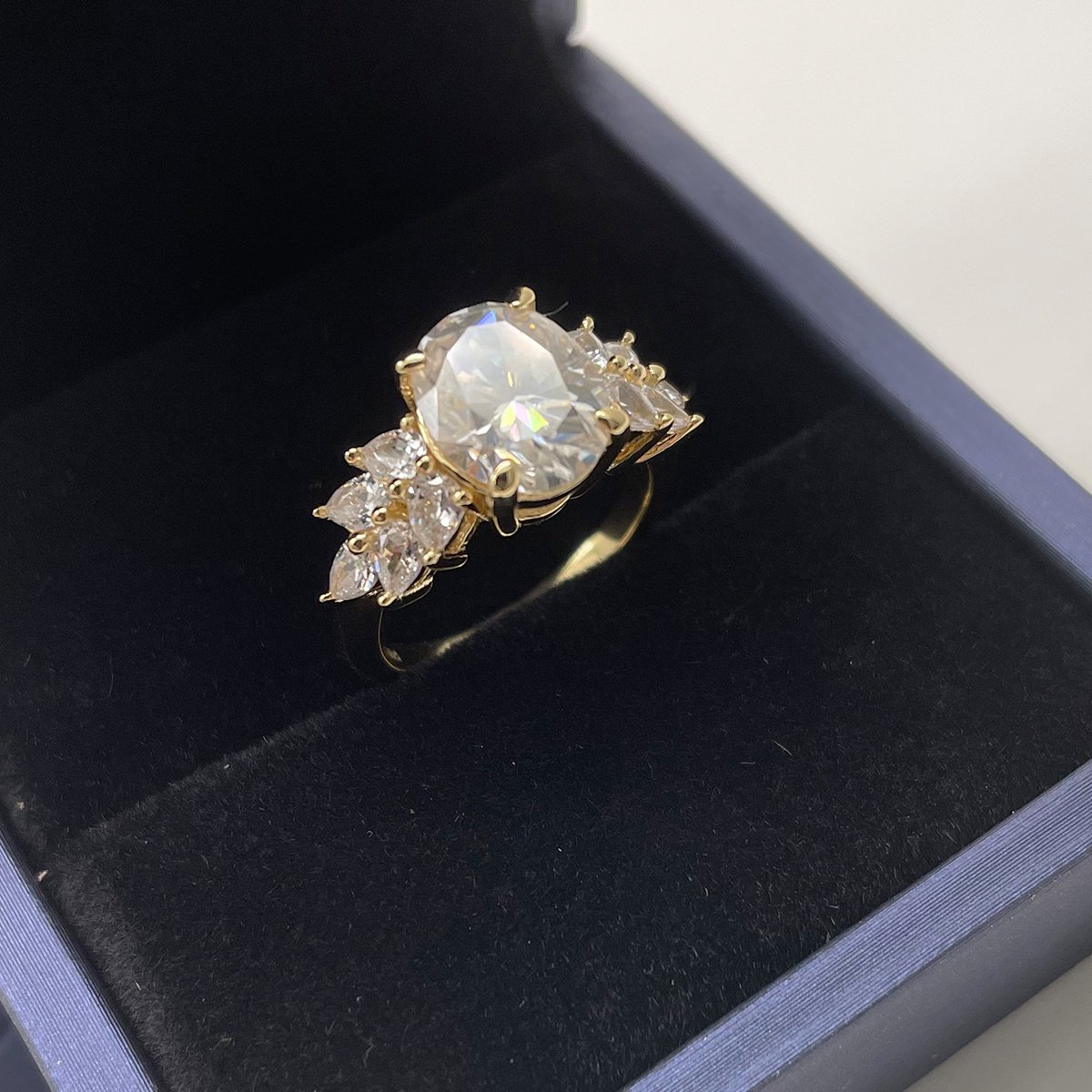 Oval Moissanite Ring – 3ct DEW Yellow Gold with Marquise & Pear Accents - Image 6