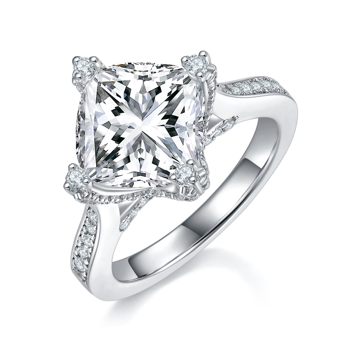 4 DEW Cushion-Cut Moissanite Solitaire Ring | Corner Accents & Pavé Shoulders