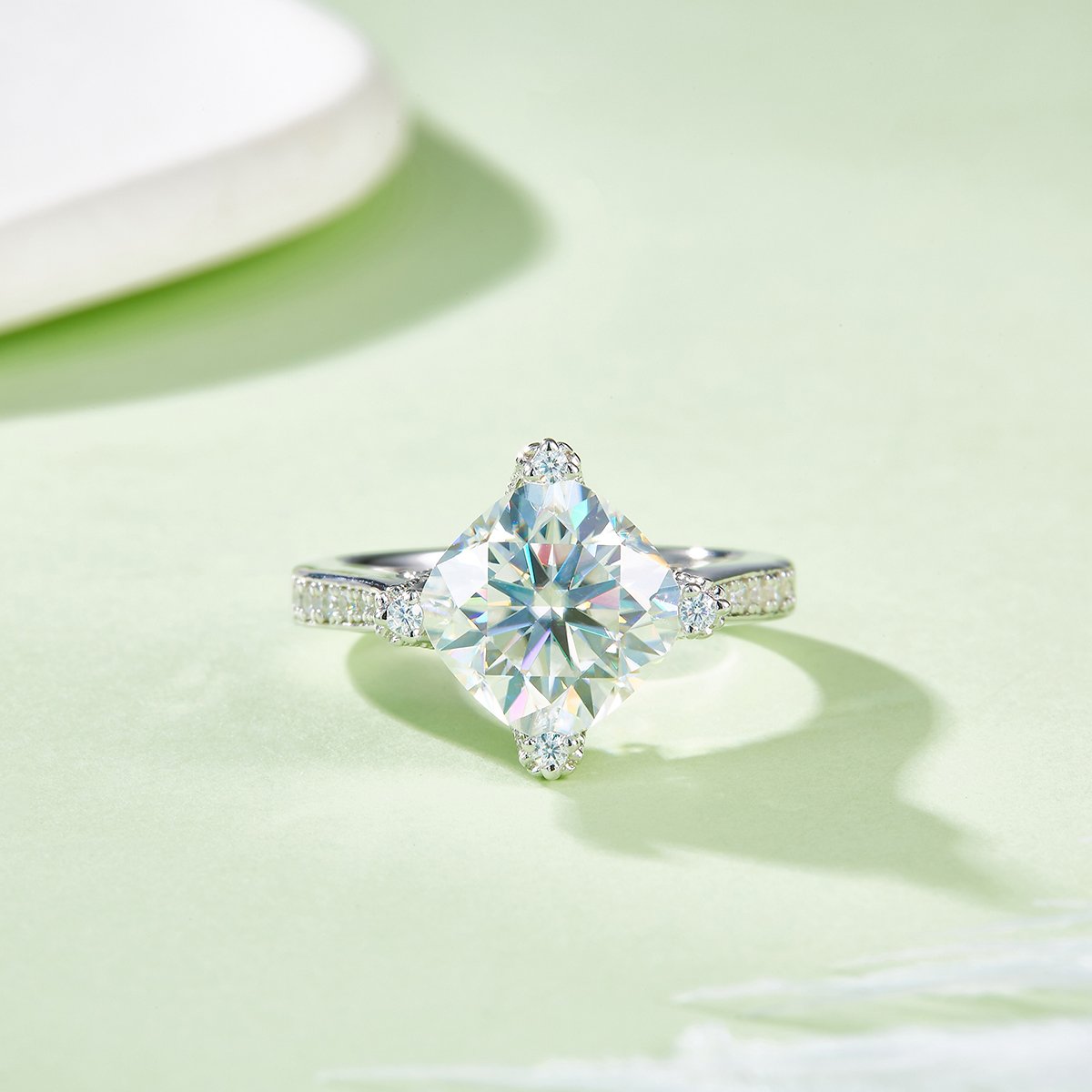 4 DEW Cushion-Cut Moissanite Solitaire Ring | Corner Accents & Pavé Shoulders - Image 2