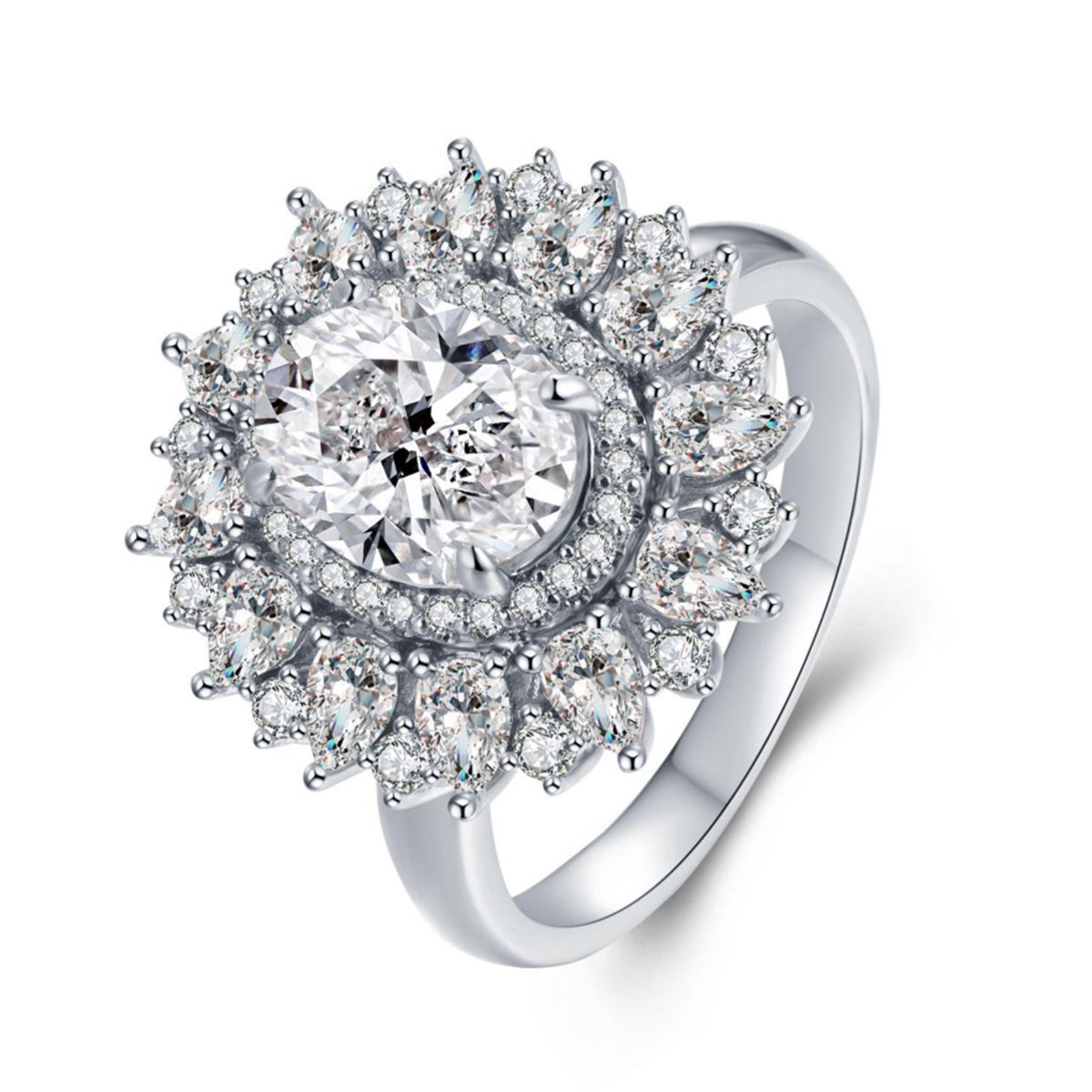 Oval Moissanite Sunburst Halo Ring – 2ct DEW (9x7mm)