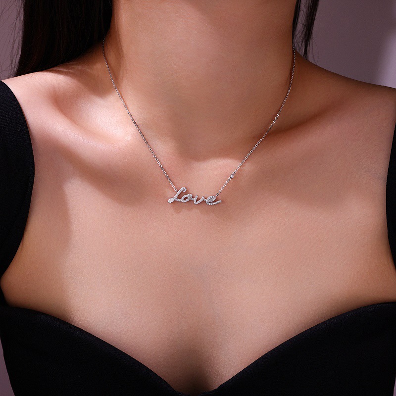 Pave Love Script Moissanite Necklace | 925 Silver | White & Yellow Gold - Image 5