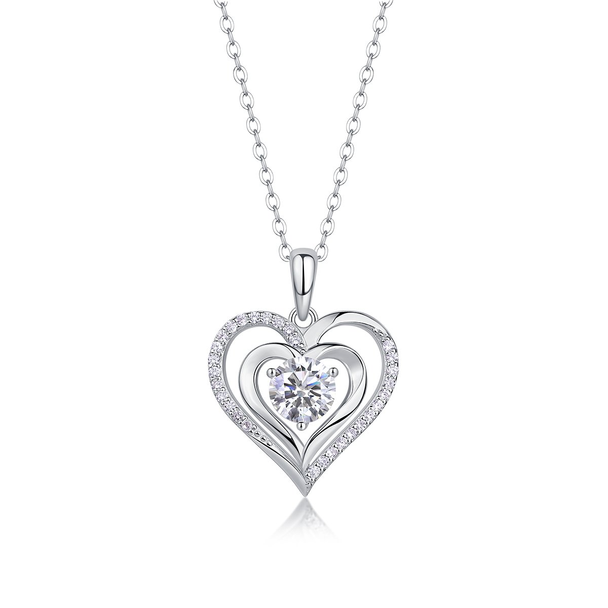 Moissanite Double Heart Necklace | 1ct DEW Round Center | Pavé Sterling Silver Pendant