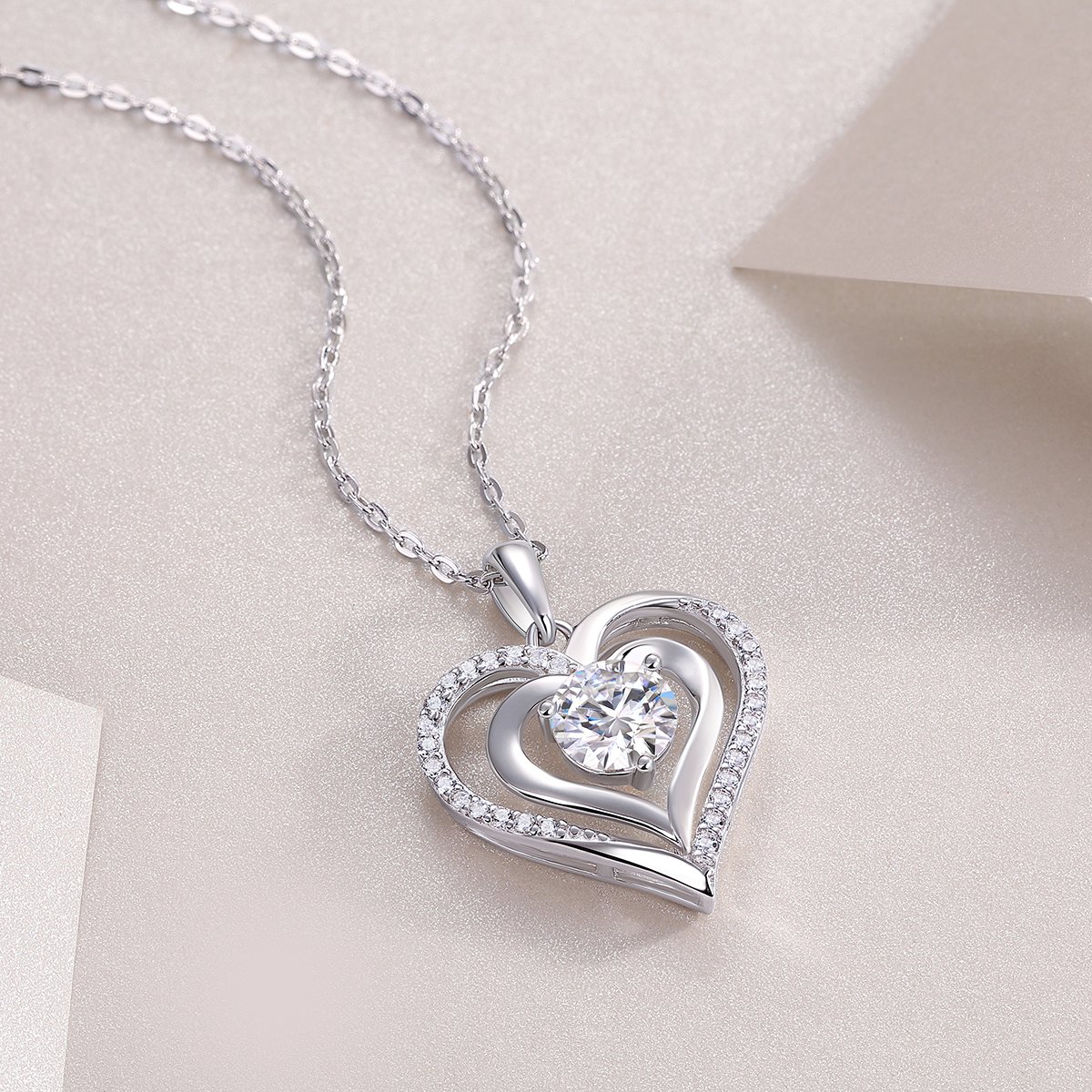 Moissanite Double Heart Necklace | 1ct DEW Round Center | Pavé Sterling Silver Pendant - Image 3