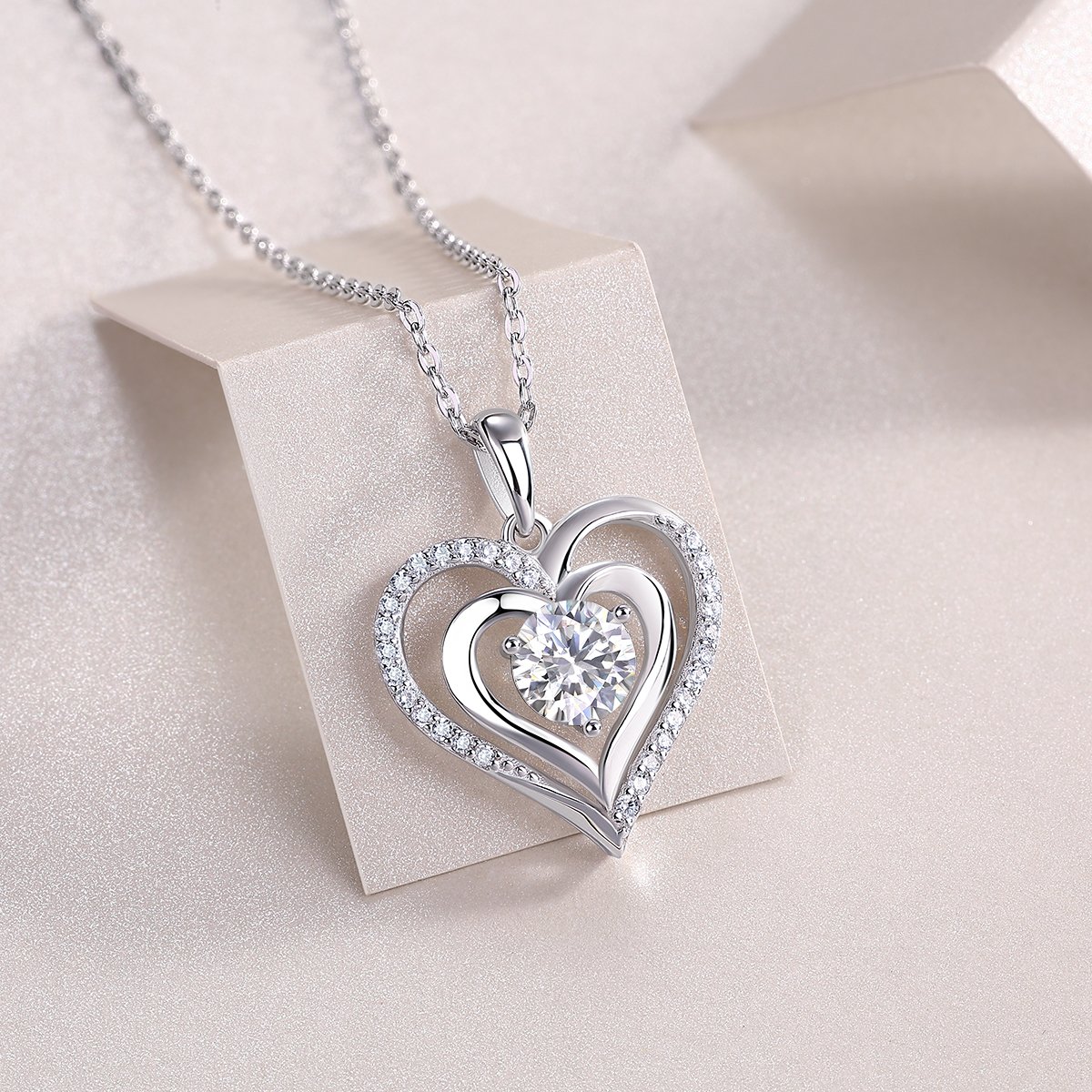 Moissanite Double Heart Necklace | 1ct DEW Round Center | Pavé Sterling Silver Pendant - Image 4