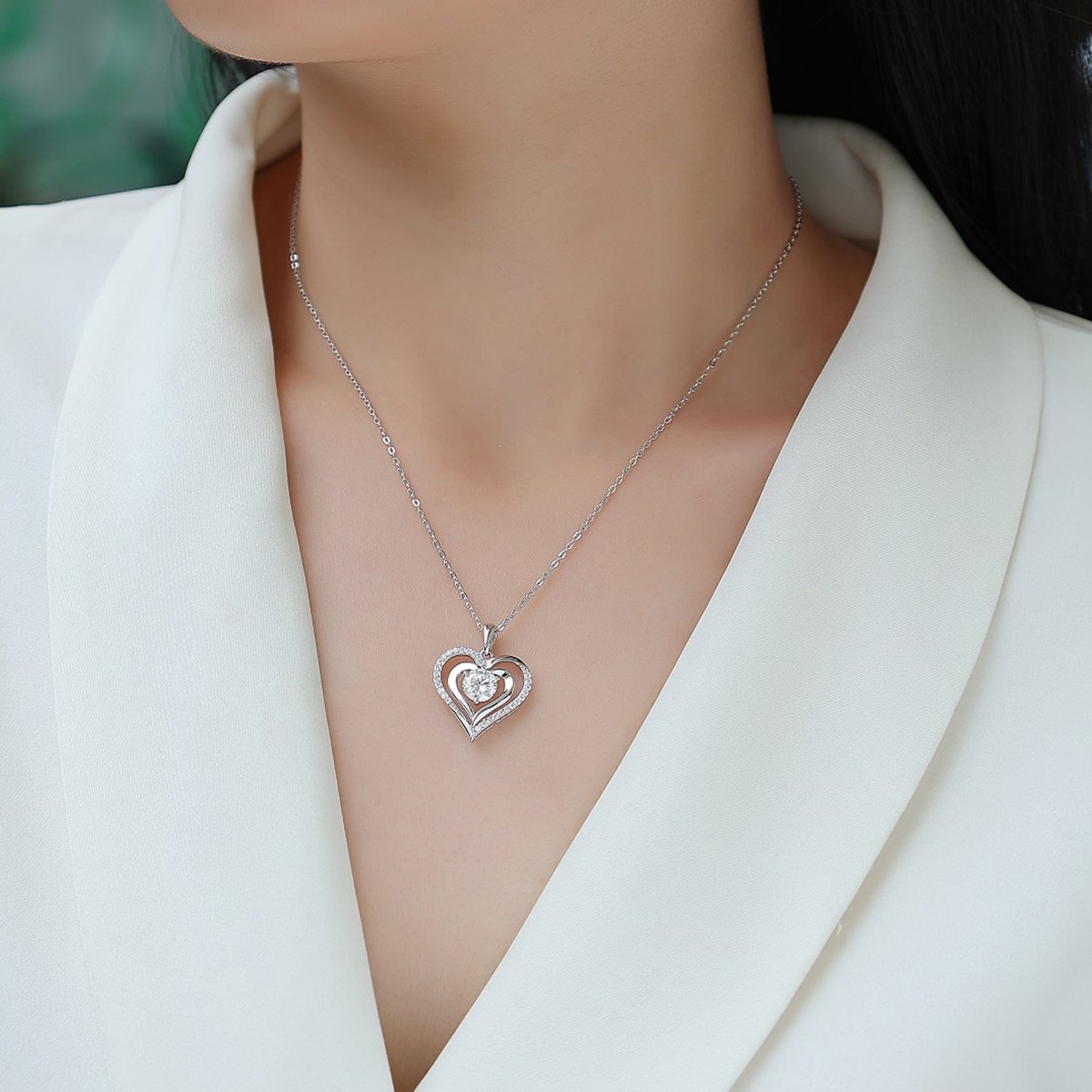 Moissanite Double Heart Necklace | 1ct DEW Round Center | Pavé Sterling Silver Pendant - Image 5