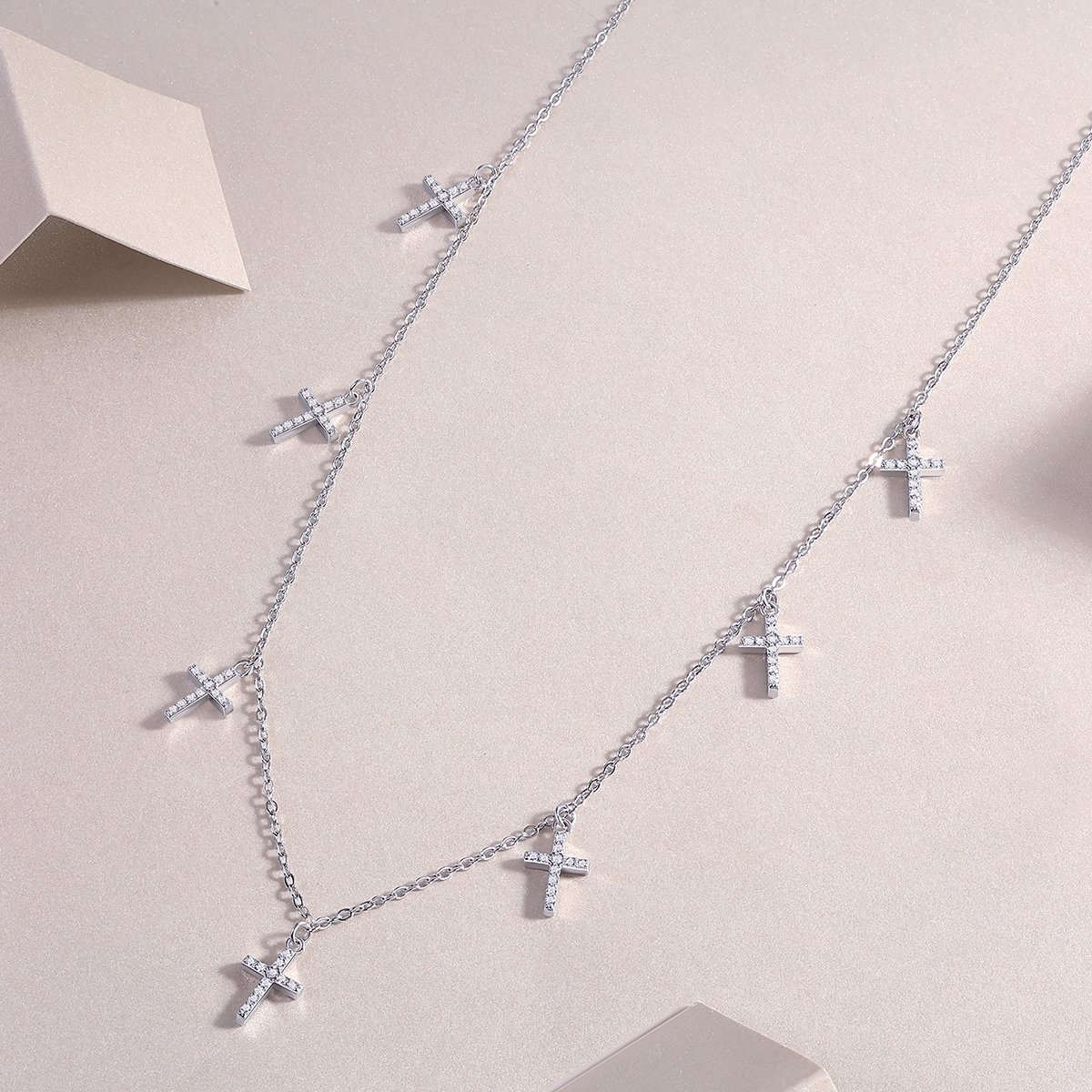 Pave Cross Charm Station Moissanite Necklace - Image 3