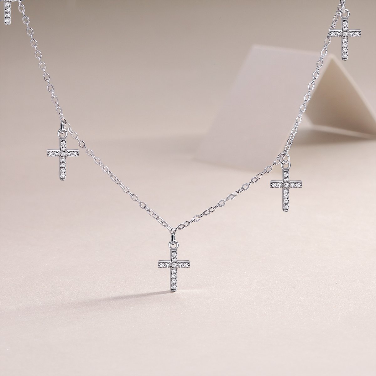Pave Cross Charm Station Moissanite Necklace - Image 4