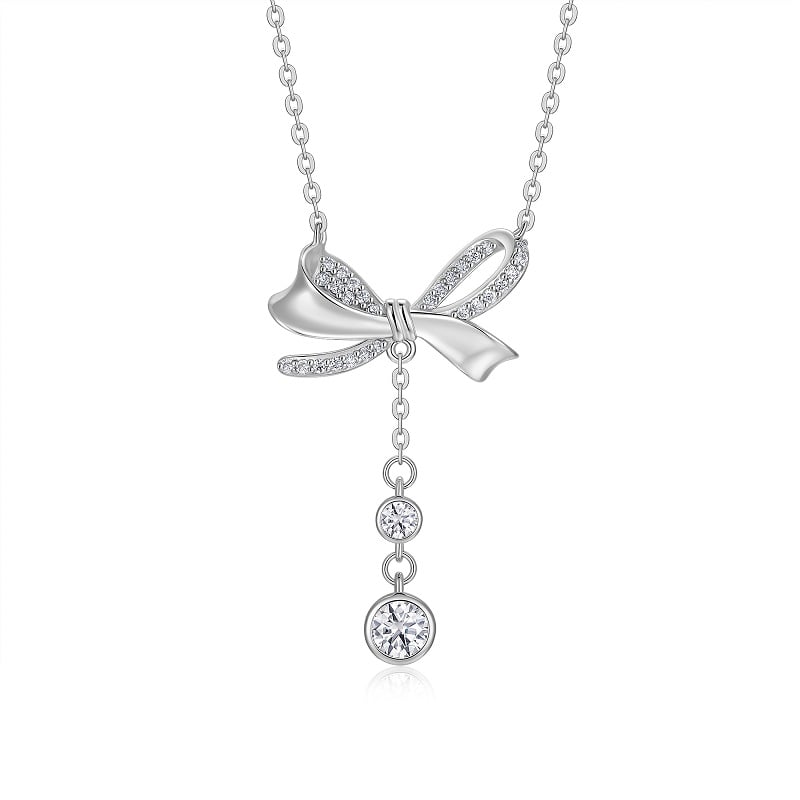 Moissanite Bow Lariat Drop Necklace | Pave Ribbon Y-Drop in White Gold-Tone Silver