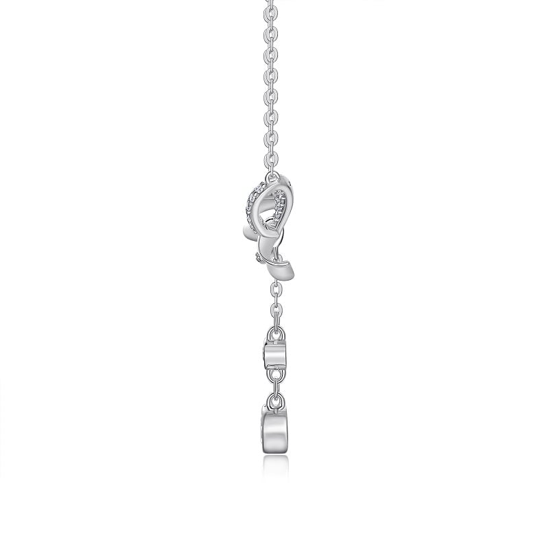 Moissanite Bow Lariat Drop Necklace | Pave Ribbon Y-Drop in White Gold-Tone Silver - Image 2