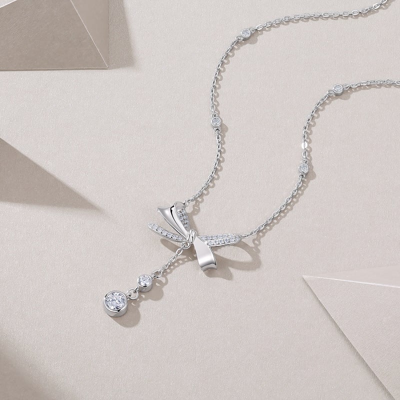 Moissanite Bow Lariat Drop Necklace | Pave Ribbon Y-Drop in White Gold-Tone Silver - Image 3