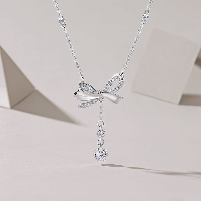 Moissanite Bow Lariat Drop Necklace | Pave Ribbon Y-Drop in White Gold-Tone Silver - Image 4