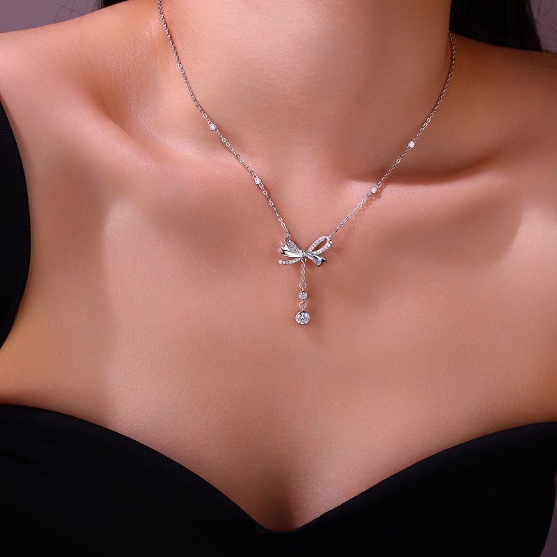 Moissanite Bow Lariat Drop Necklace | Pave Ribbon Y-Drop in White Gold-Tone Silver - Image 5