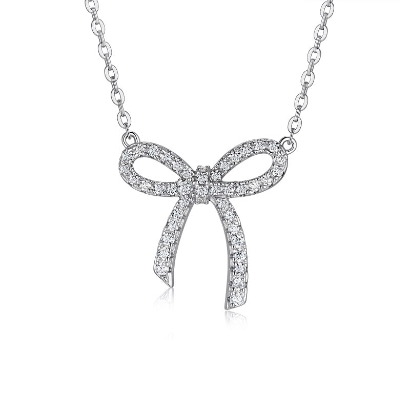 Pavé Bow Moissanite Necklace in 18K White Gold-Plated Silver