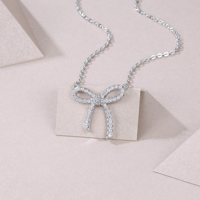 Pavé Bow Moissanite Necklace in 18K White Gold-Plated Silver - Image 3