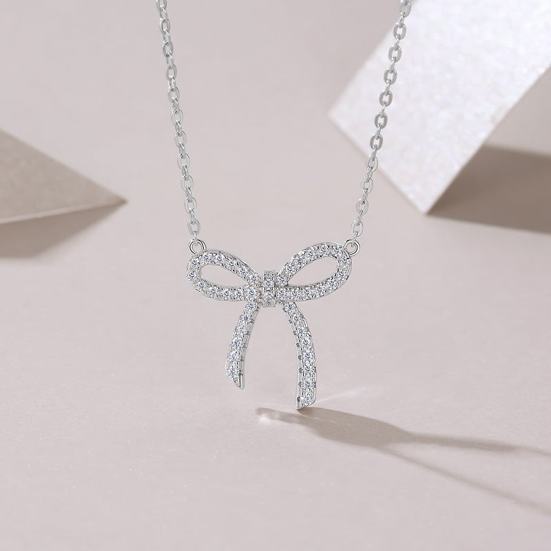 Pavé Bow Moissanite Necklace in 18K White Gold-Plated Silver - Image 4