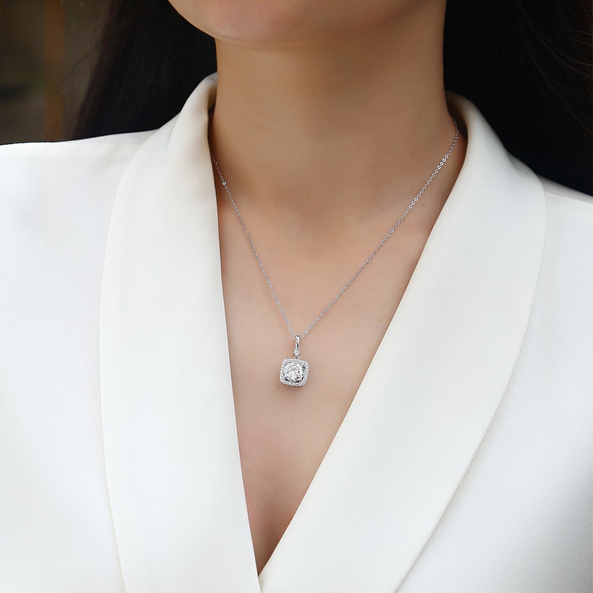 Moissanite Round Cushion Halo Pendant Necklace | 2ct DEW - Image 5
