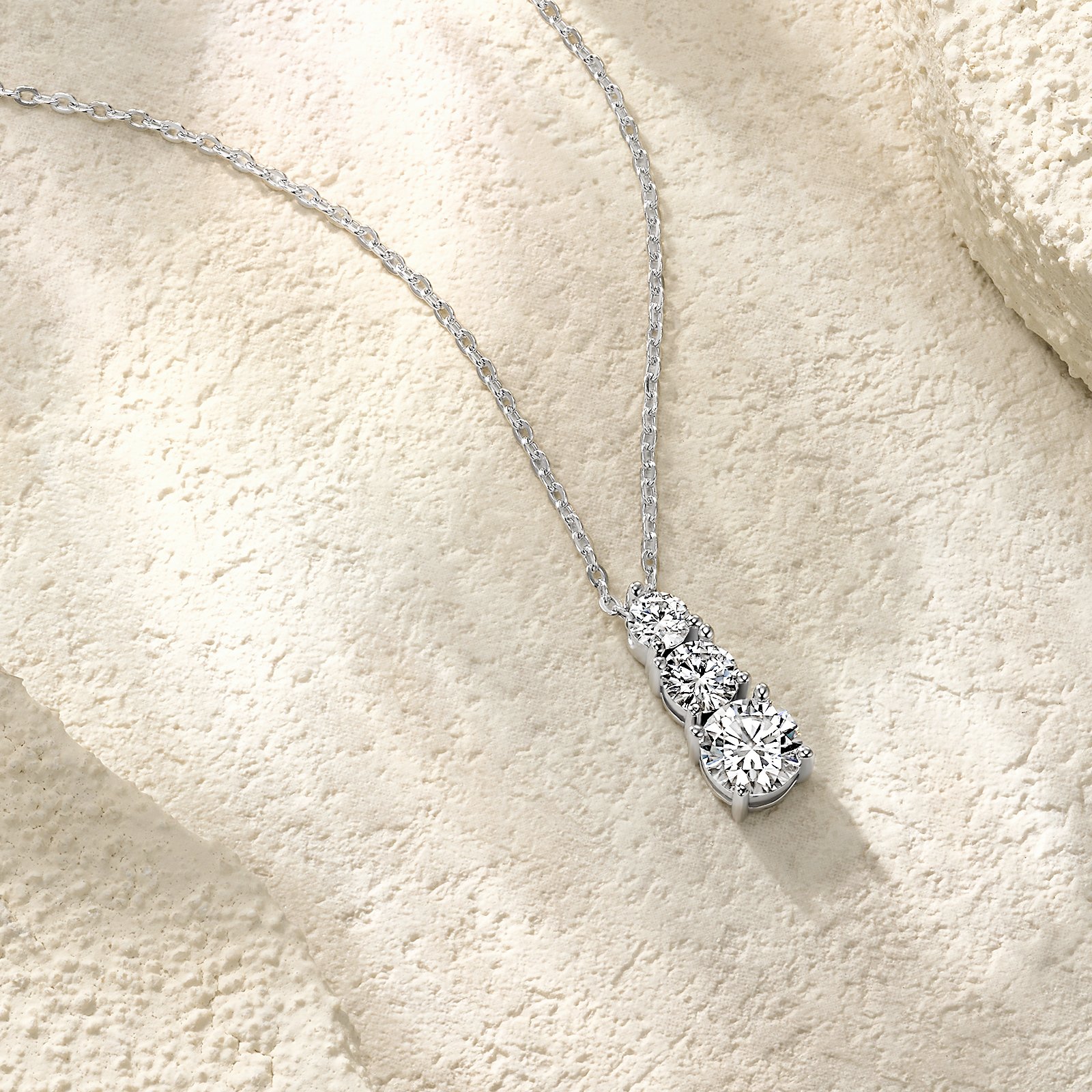 Three-Stone Graduated Moissanite Drop Necklace in 18K White Gold - Image 3