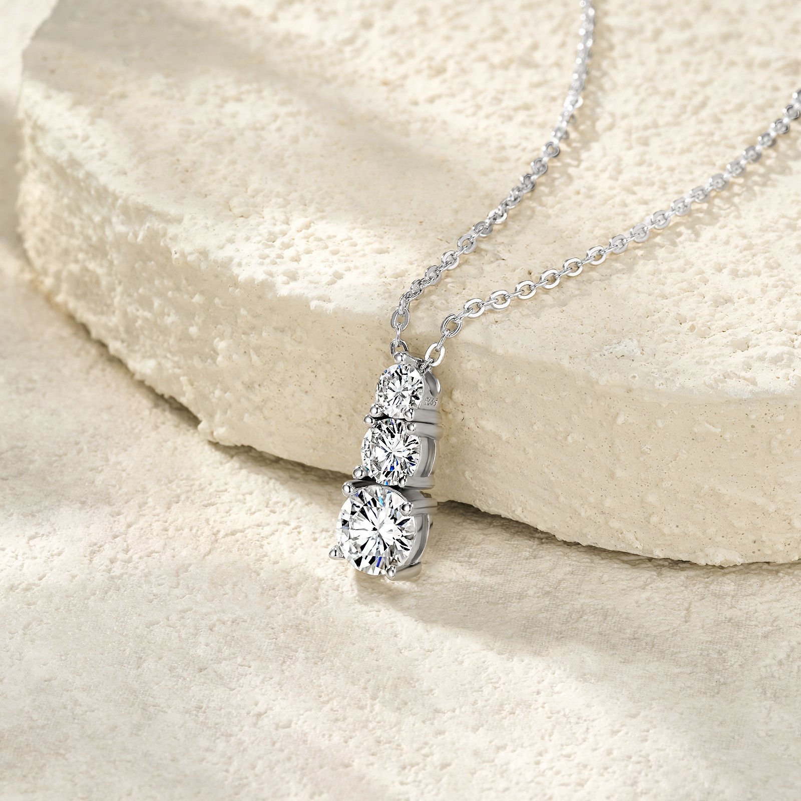 Three-Stone Graduated Moissanite Drop Necklace in 18K White Gold - Image 4