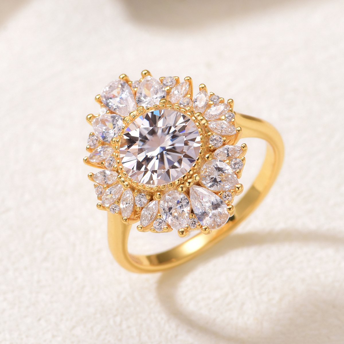 Round Moissanite Floral Halo Cocktail Ring - Image 2