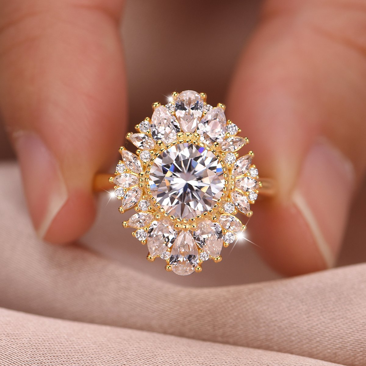 Round Moissanite Floral Halo Cocktail Ring - Image 4