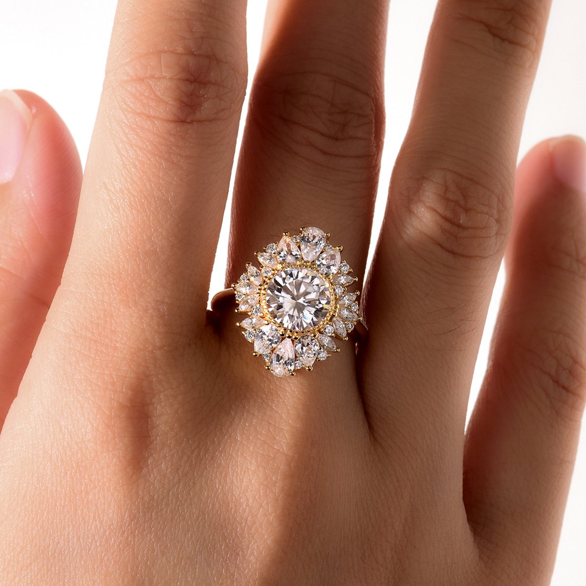 Round Moissanite Floral Halo Cocktail Ring - Image 5