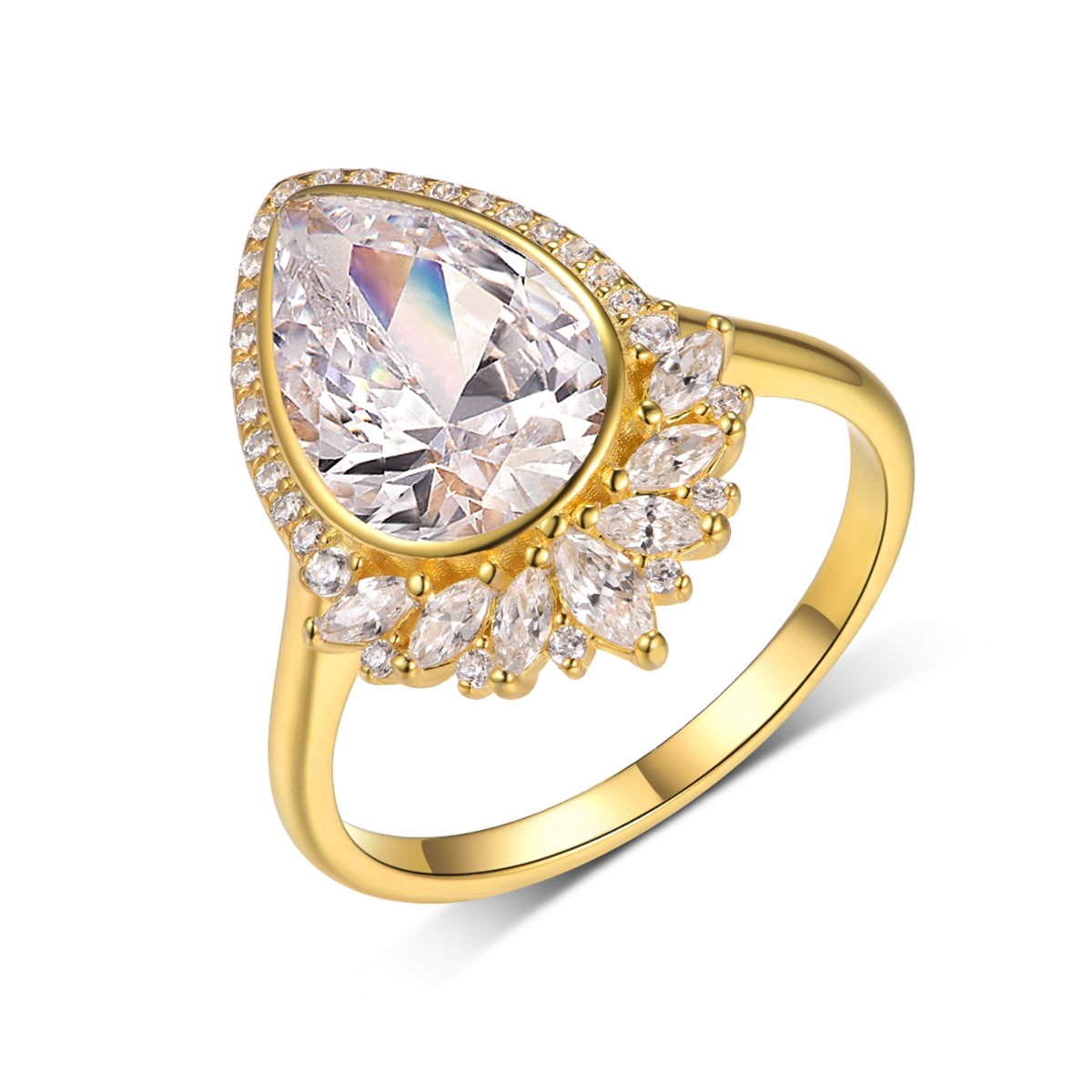 4ct Pear-Cut Moissanite Bezel Halo Statement Ring