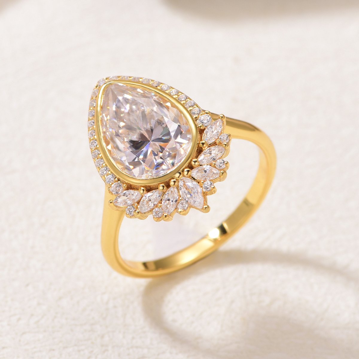 4ct Pear-Cut Moissanite Bezel Halo Statement Ring - Image 3