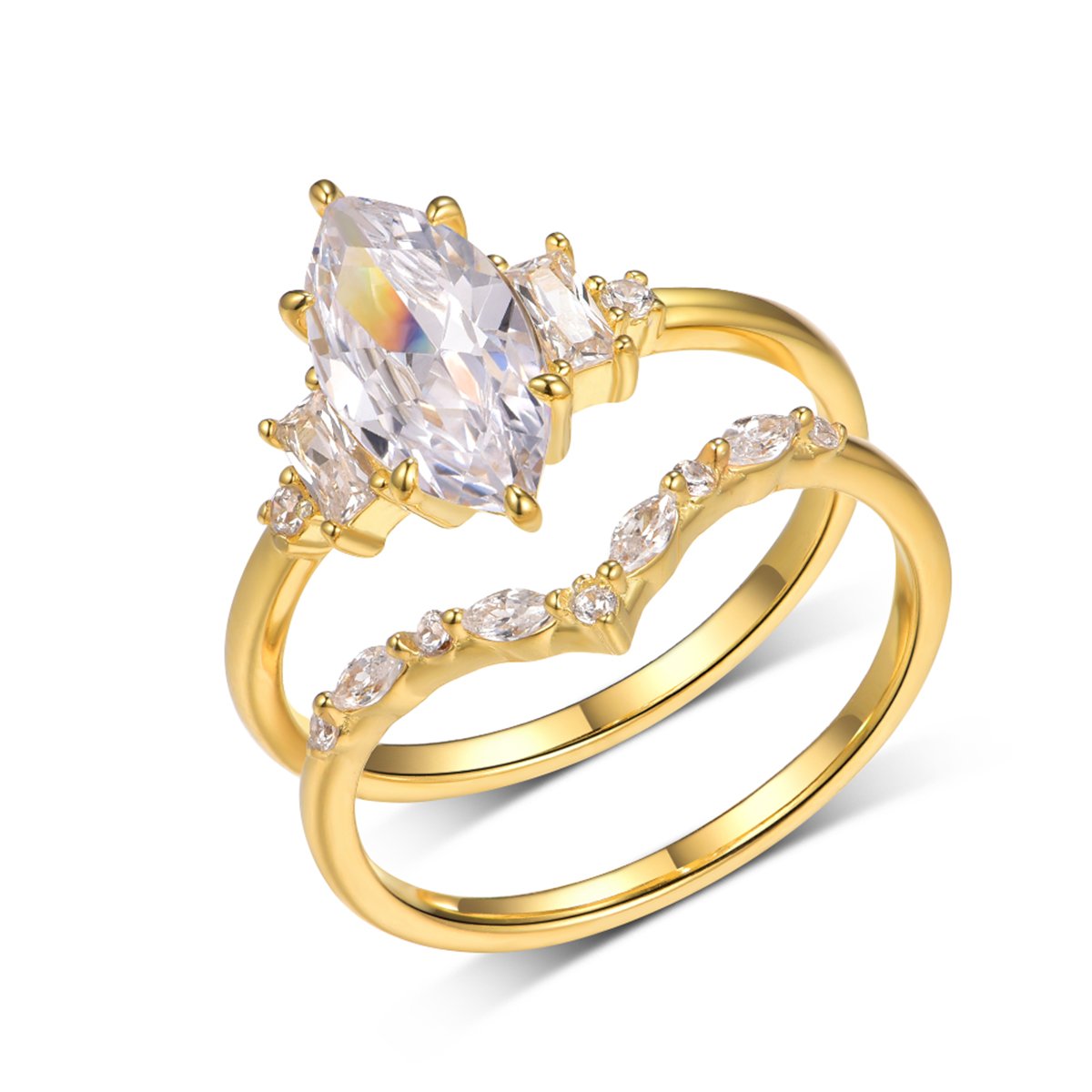 Marquise Moissanite Bridal Set | Yellow Gold Engagement Ring & Contoured Band