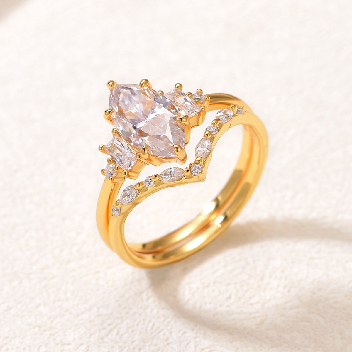 Marquise Moissanite Bridal Set | Yellow Gold Engagement Ring & Contoured Band - Image 2