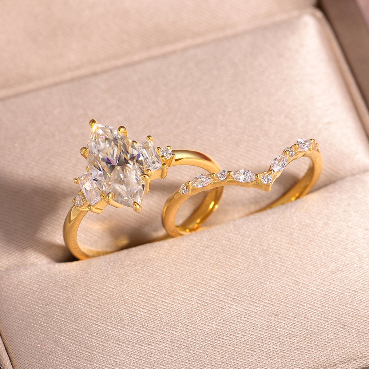 Marquise Moissanite Bridal Set | Yellow Gold Engagement Ring & Contoured Band - Image 3