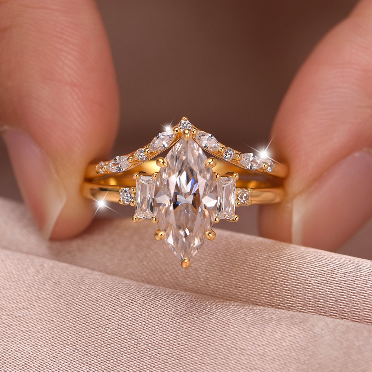 Marquise Moissanite Bridal Set | Yellow Gold Engagement Ring & Contoured Band - Image 4