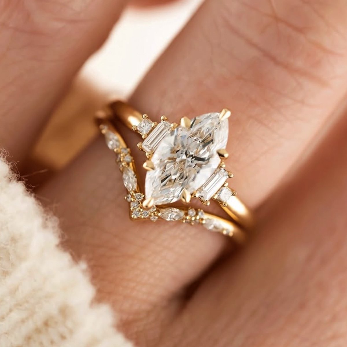 Marquise Moissanite Bridal Set | Yellow Gold Engagement Ring & Contoured Band - Image 5