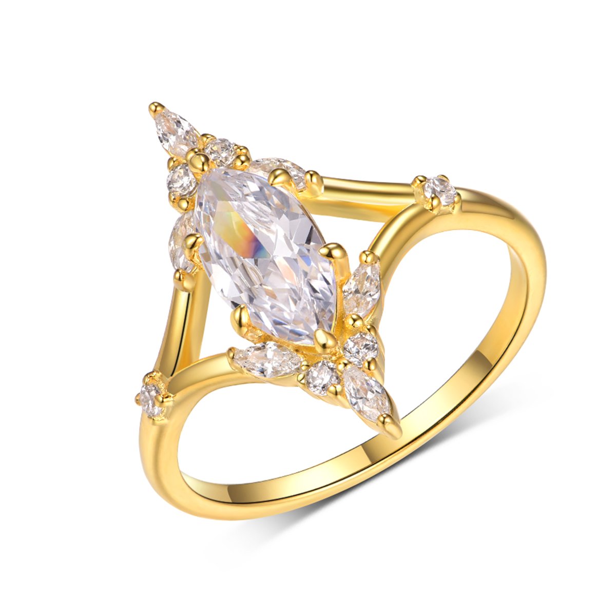 Marquise Moissanite Leaf-Cluster Ring in 18K Gold-Plated Silver