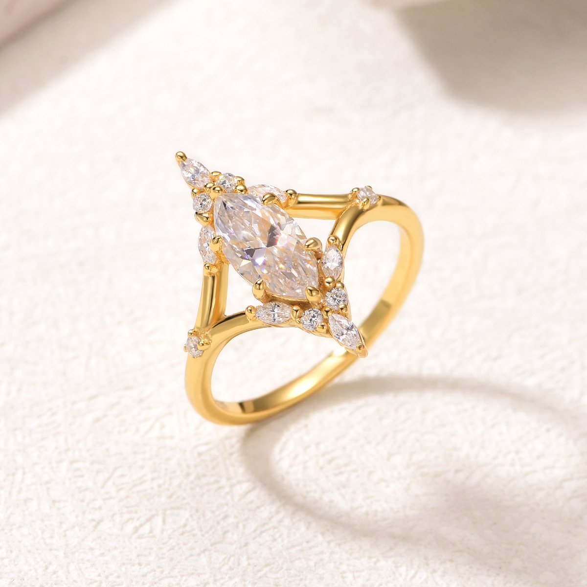 Marquise Moissanite Leaf-Cluster Ring in 18K Gold-Plated Silver - Image 3