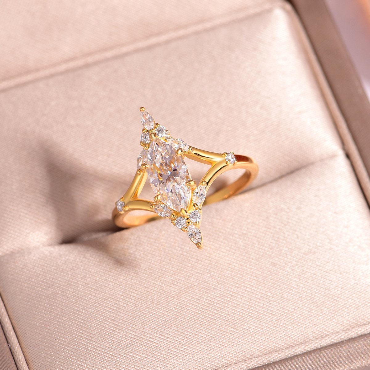 Marquise Moissanite Leaf-Cluster Ring in 18K Gold-Plated Silver - Image 4