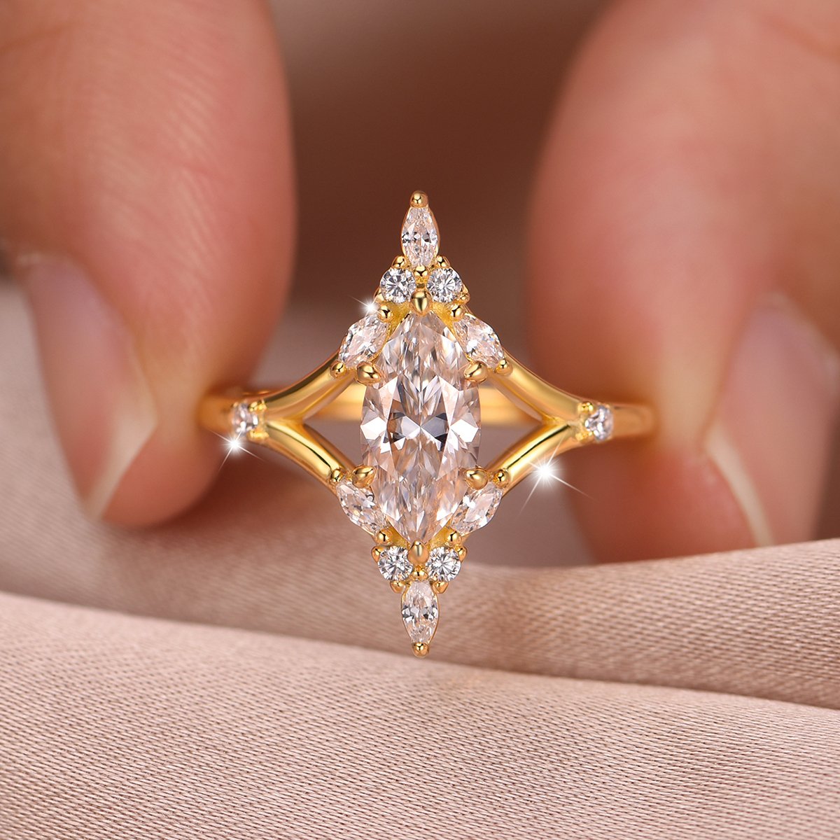 Marquise Moissanite Leaf-Cluster Ring in 18K Gold-Plated Silver - Image 5
