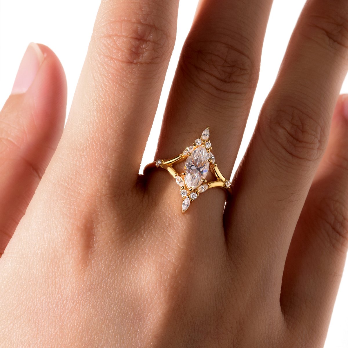 Marquise Moissanite Leaf-Cluster Ring in 18K Gold-Plated Silver - Image 6