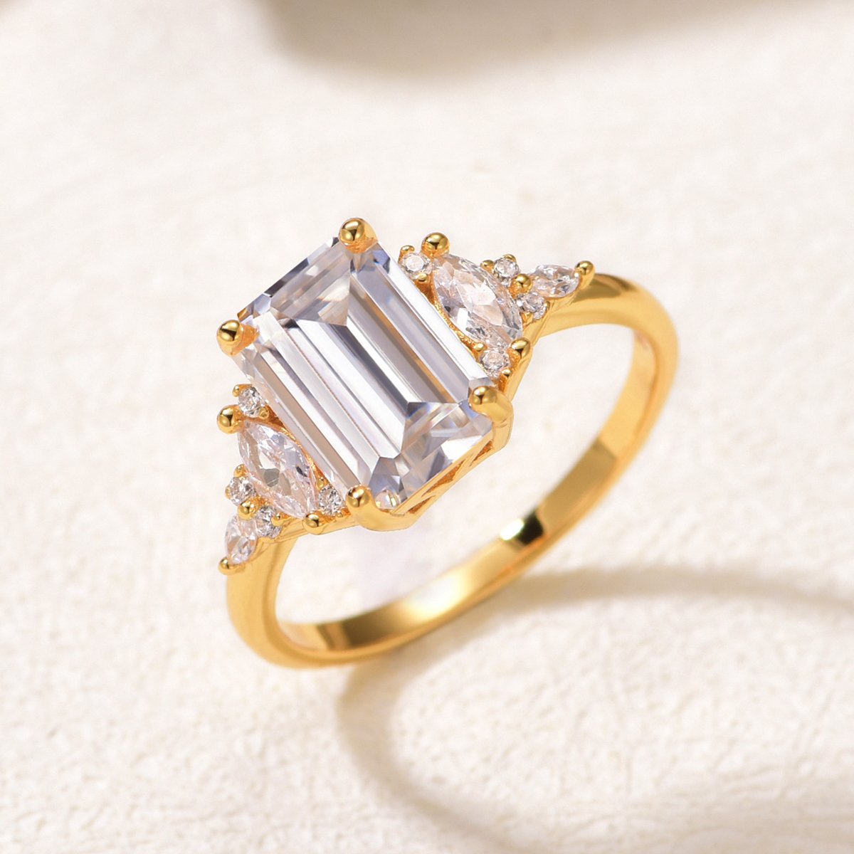 Emerald-Cut Moissanite Ring with Marquise Accent Clusters - Image 3