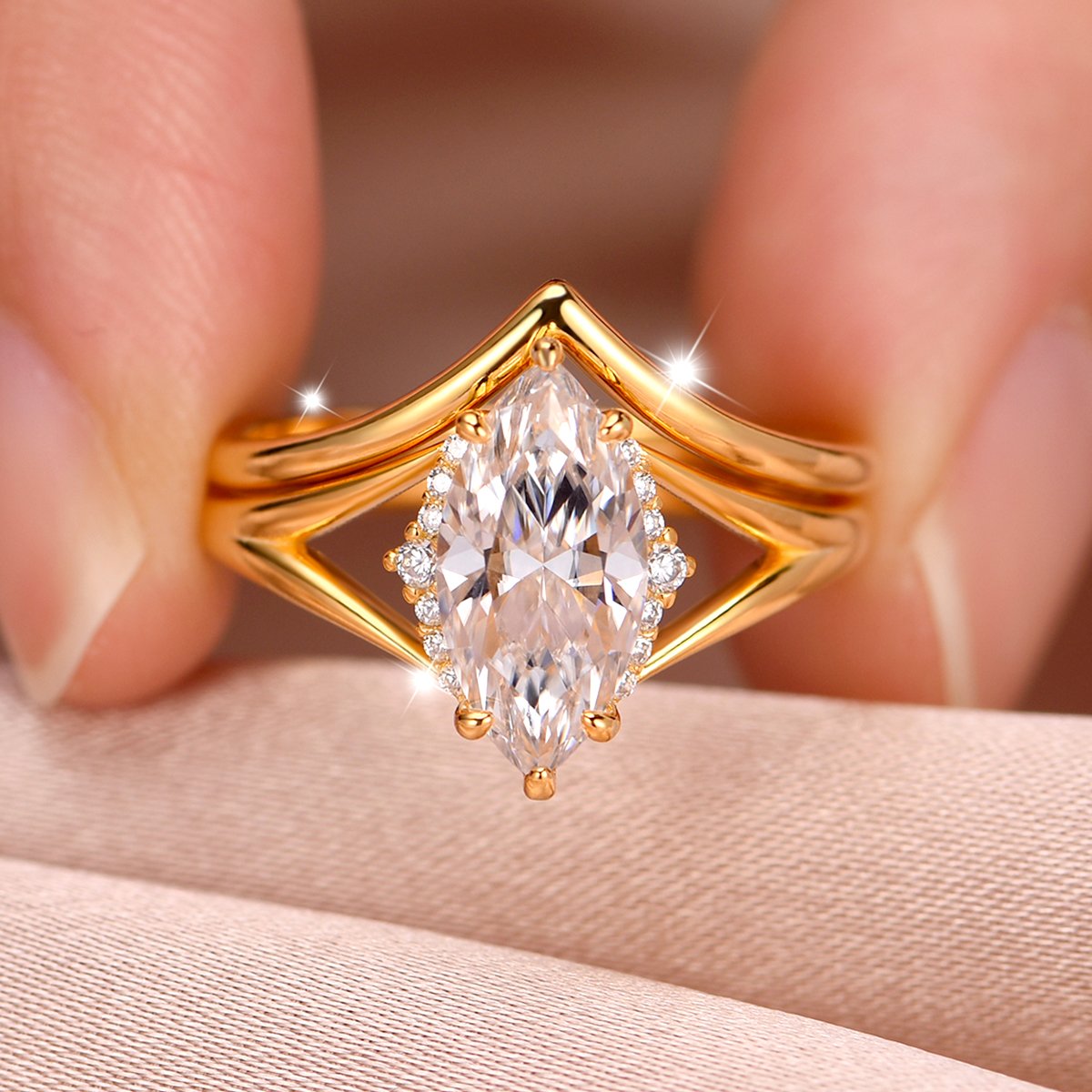 Marquise Moissanite Engagement Ring & Contour Band Bridal Set | 2ct DEW - Image 3