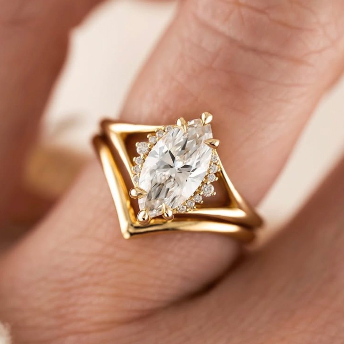 Marquise Moissanite Engagement Ring & Contour Band Bridal Set | 2ct DEW - Image 4