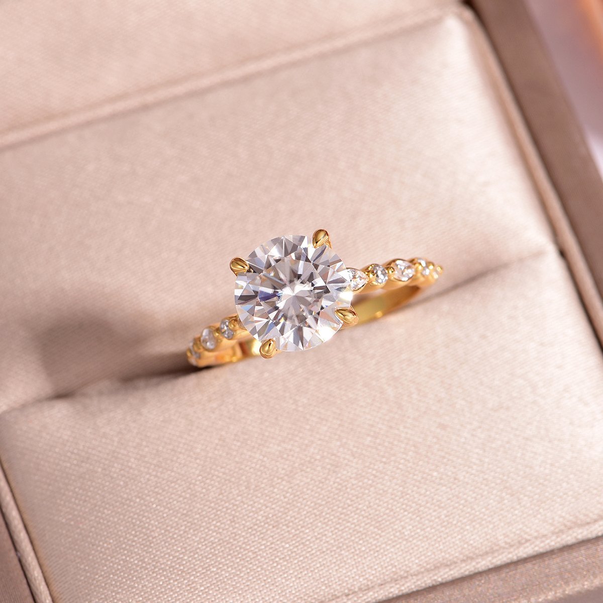 3ct Round Moissanite Solitaire Ring | Marquise Accent Shoulders - Image 2