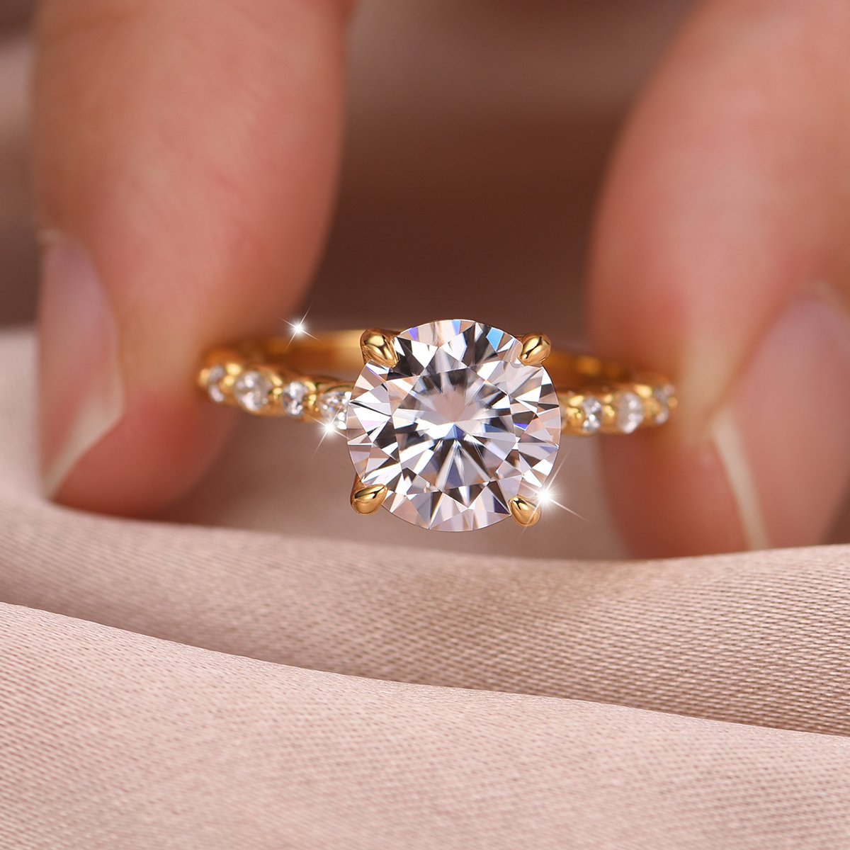3ct Round Moissanite Solitaire Ring | Marquise Accent Shoulders - Image 3