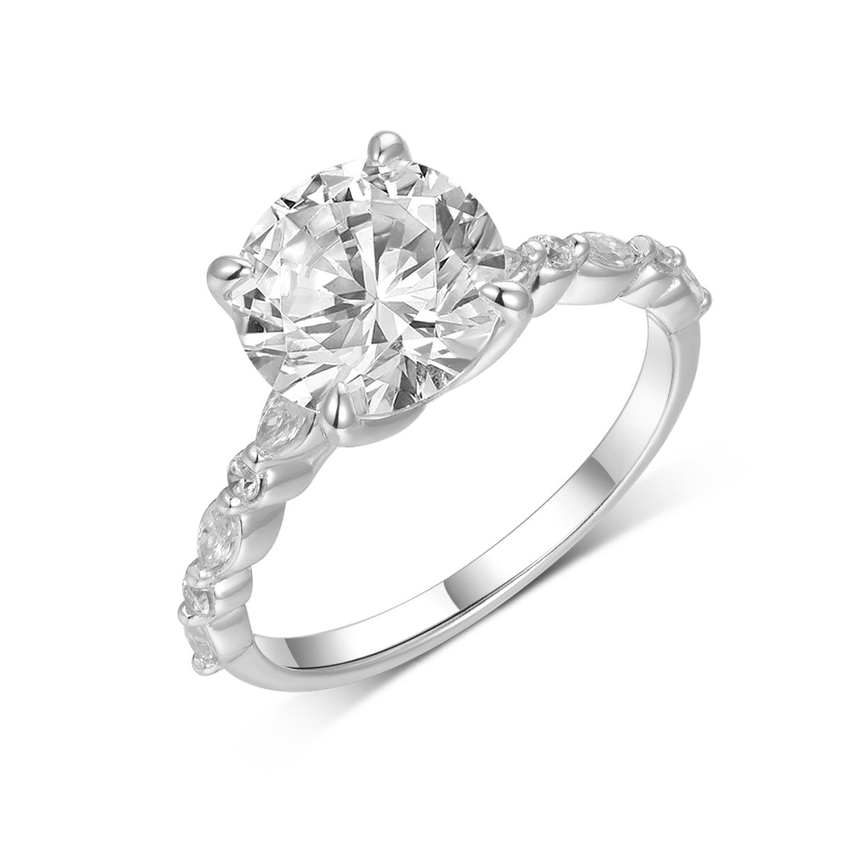 3ct Round Moissanite Solitaire Ring | Marquise Accent Shoulders - Image 4