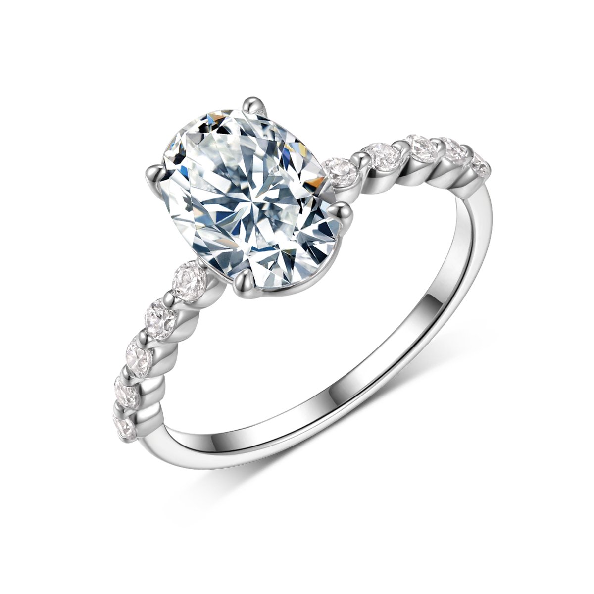 Oval Cut Moissanite Solitaire Ring with Pavé-Accent Band