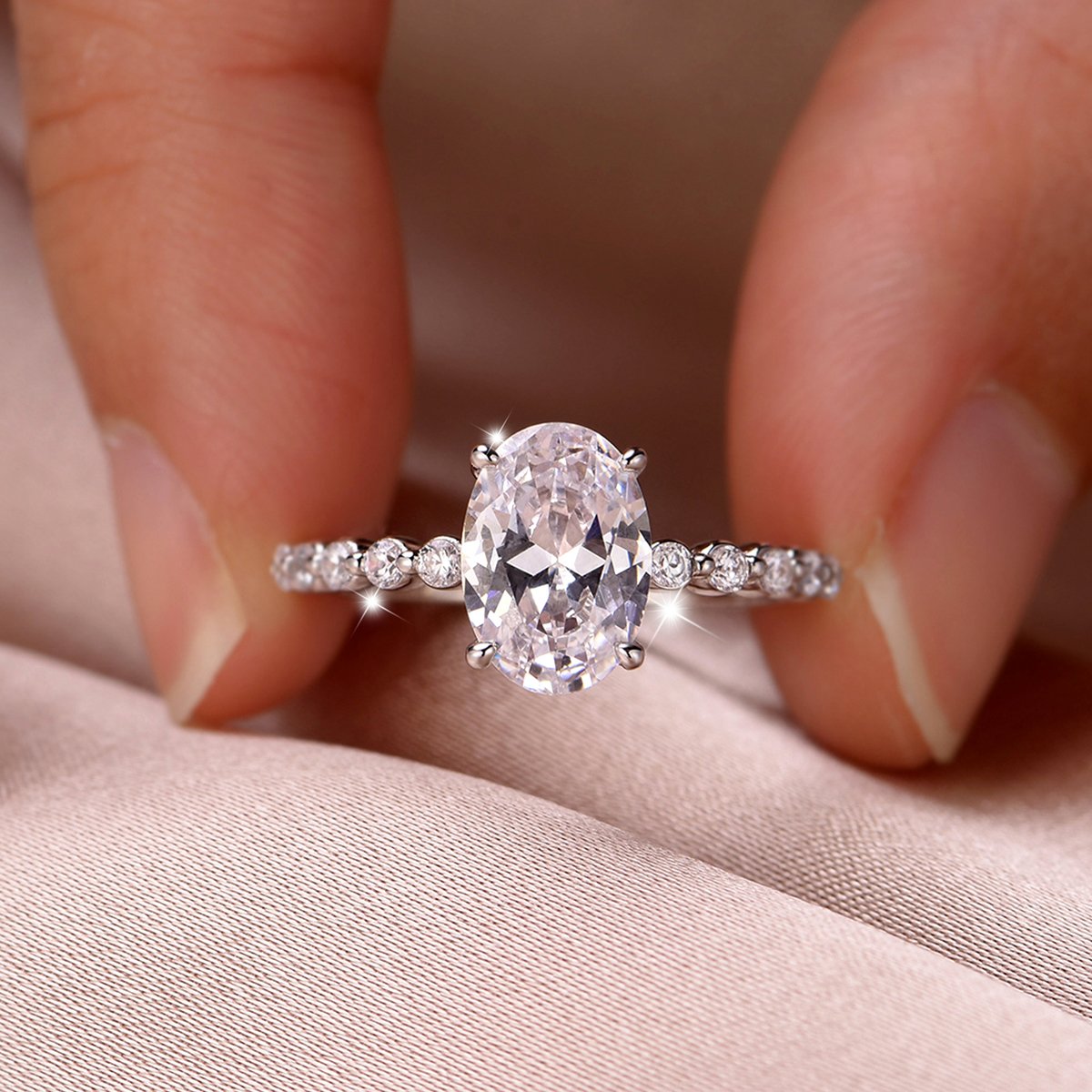 Oval Cut Moissanite Solitaire Ring with Pavé-Accent Band - Image 3