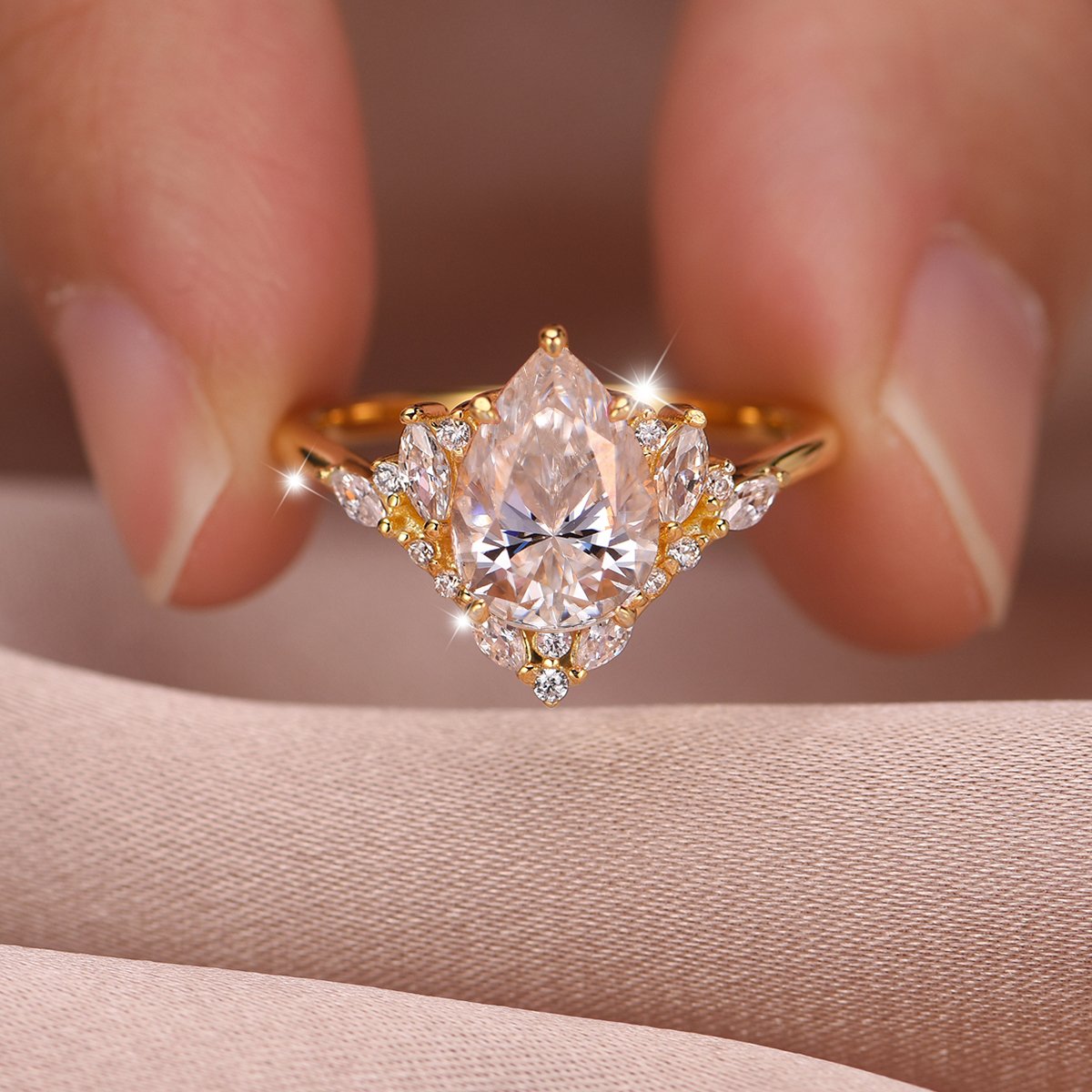 Pear-Cut Moissanite Tiara Crown Ring in 18K Yellow Gold - Image 3